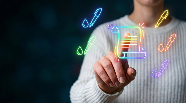 Document start up bootstrap business hand touch neon icon and creative idea on dark background
