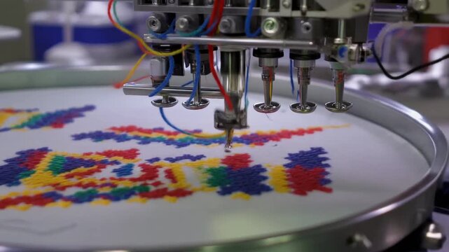 Automated embroidery machine stitching colorful patterns on white fabric for textile industry video