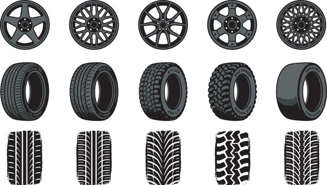 Car Wheel and Tire Vector Set Collection &ndash; Alloy Rims, Auto Wheels, Tire Tread Patterns, Automotive Icons Isolated on White Background. Car tires and alloy wheels set with tire tread patterns