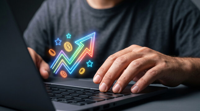 Start up bootstrap business growth hand typing laptop neon arrow