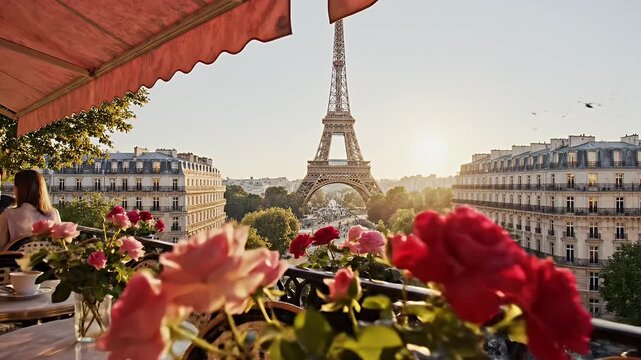 Charming Parisian Caf? Terrace Framed by Blooming Flowers and the Eiffel Tower