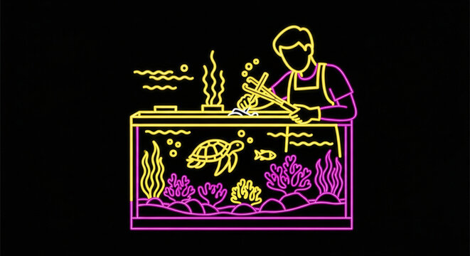 Person feeding fish in colorful aquarium illustration.