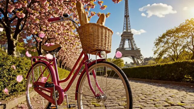 Charming pink bicycle with wicker basket parked along a sunlit Parisian cobblestone path near the Eiffel Tower and blooming trees