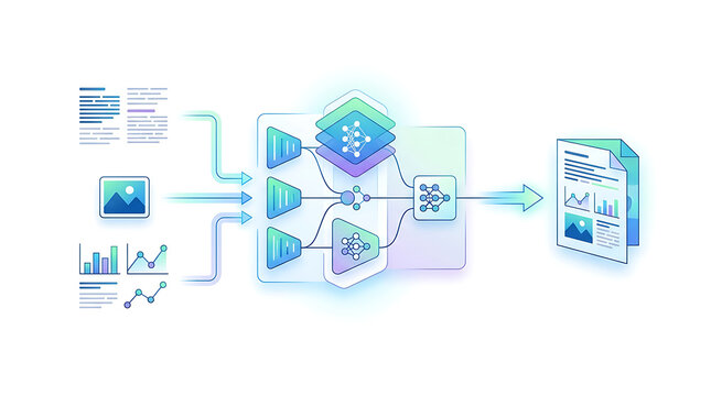 AI multimodal workflow combining text image and data inputs into unified output in clean minimal business technology illustration representing advanced processing and integrated intelligence systems