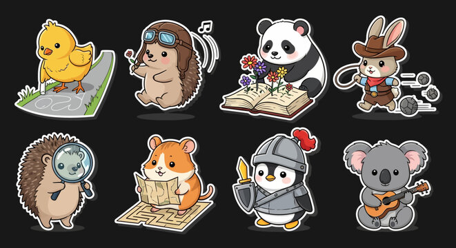 Colorful cartoon animals in various costumes and activities.