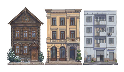Pixel art collection showcasing diverse architectural styles traditional wooden house, elegant classical building, and modern apartment block © OKM Studio