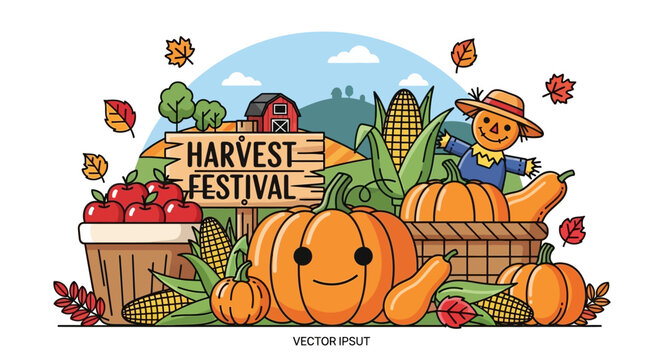 Harvest festival cartoon illustration with scarecrow, pumpkins and fruits