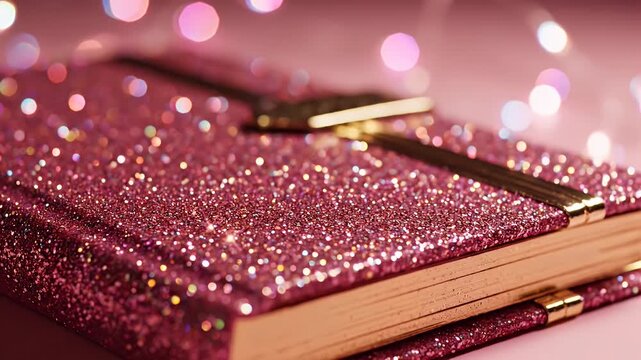 Close-up of a glittery pink notebook with sparkling cover and golden-edged pages resting amid soft pink bokeh lights