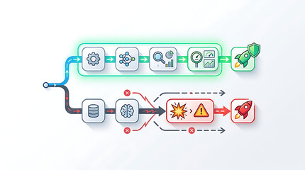 Fototapeta premium AI workflow risk mitigation showing safer alternative process path compared to risky flow in clean minimal business technology illustration representing decision optimization and risk reduction in aut