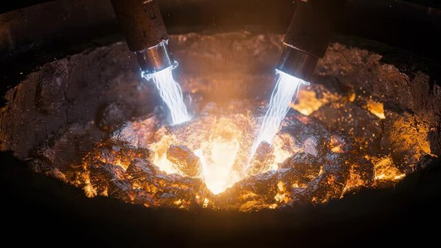 Closeup medium shot focusing on electrode tips within a hybrid electricoxygen furnace highlighting sparks and electric arcs in hightemperature smelting.