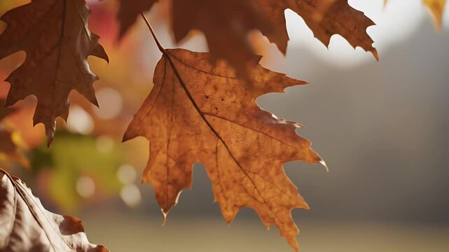 Close-up of an orange autumn maple leaf with a softly blurred sunlit background