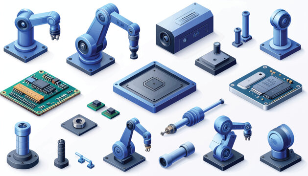Various Robotics Components Isometric Vector Icon Set with Robotic Arm