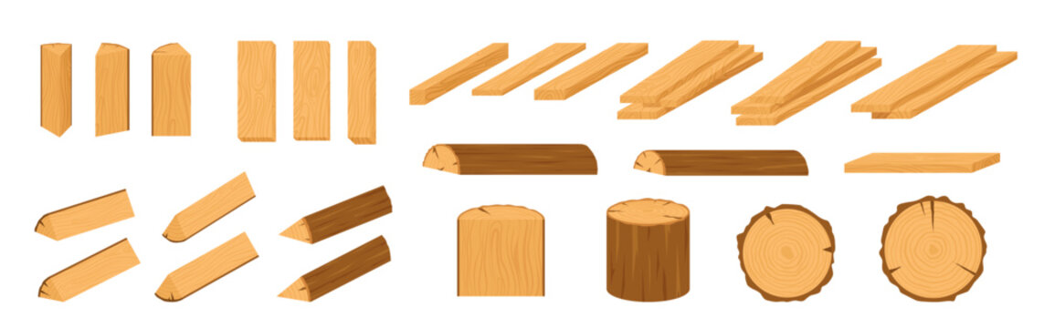 Cartoon wooden plank and log set in warm brown color and simple flat style. Each wood block beam icon show clear grain neat texture. Wooden board group suit game asset, carpentry concept, banner or