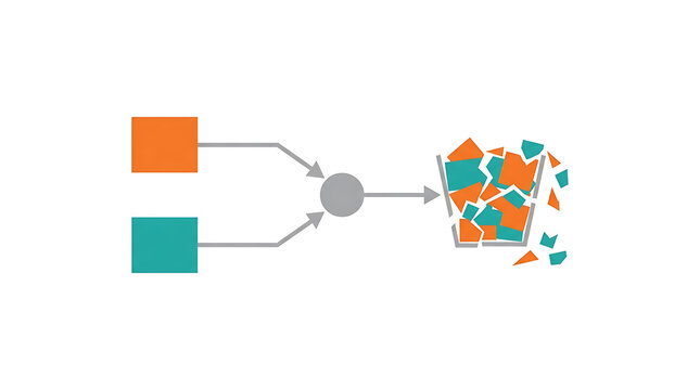 Data pipeline showing conflicting data sources merging incorrectly in clean minimal business technology illustration representing integration errors and inconsistency in analytics systems