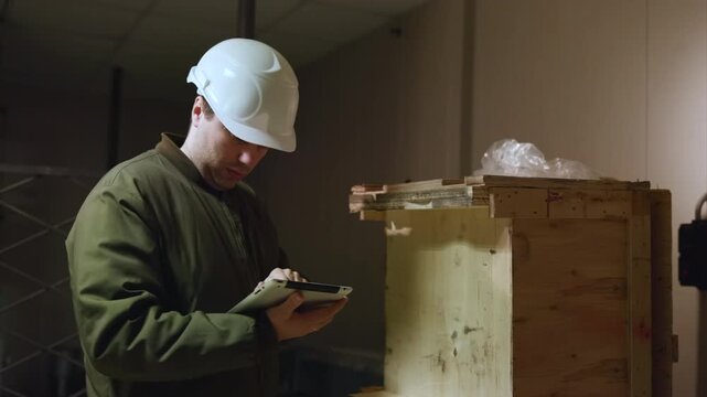 Warehouse Check With Devices. Inspecting Wooden Crate With Tablet In Lowlight Environment Carefully . Media