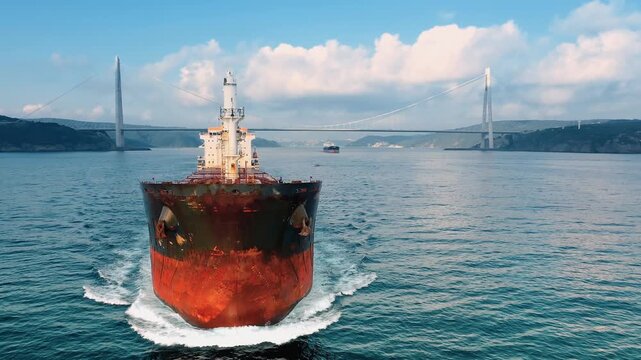 Heavily rusted bulk carrier underway in Bosphorus Strait, aerial bow view showing weathered hull, white derrick masts and long wake, cable-stayed bridge in background.