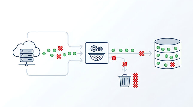 Data validation failure allowing invalid data to pass through pipeline in clean minimal business technology illustration representing quality control issues and unreliable analytics systems