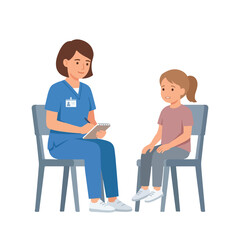 Obraz premium A female healthcare professional in blue scrubs takes notes while talking to a young, concerned girl in a simple vector illustration.