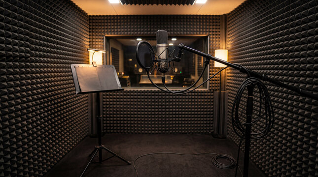 Acoustic foam walls line a modern recording vocal booth equipped with high quality studio gear.