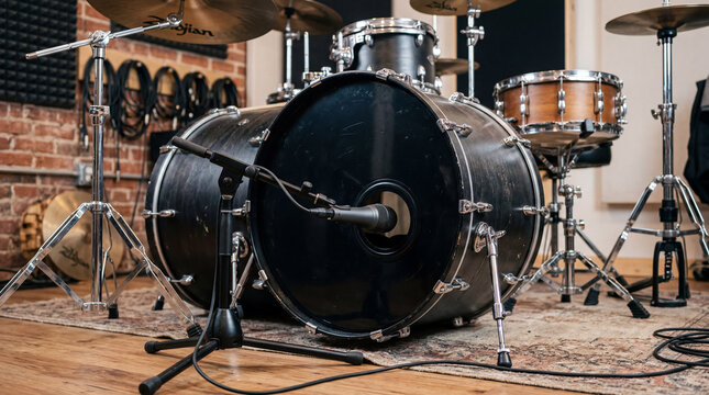 Unbranded kick drum microphone on short stand positioned just inside acoustic bass instrument sound hole.