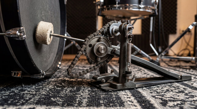Close-up photograph of an unbranded kick drum pedal beater mechanism and heavy-duty chain drive system