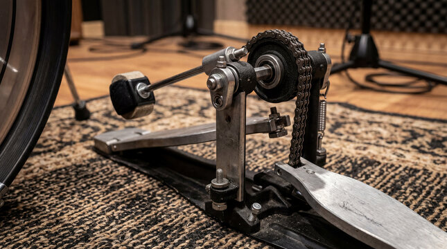 Close Up Of An Unbranded Kick Drum Pedal Featuring Beater Mechanism And Chain Drive Resting