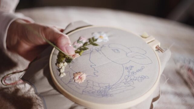 Detailed Needlework In Soft Light. Pristine Linen Fabric Adorned With Pastel Floral Stitched Edges . Media
