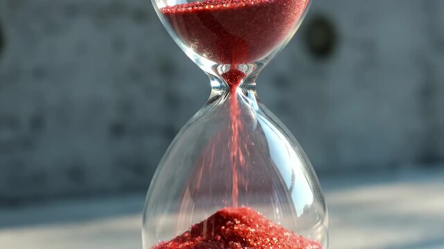 Close-Up View of Vibrant Red Sand Flowing Through a Glass Hourglass Outdoors