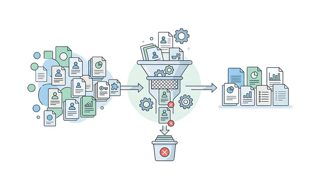 Data deduplication workflow removing duplicate entries in clean minimal business technology illustration representing efficient data cleaning and database optimization systems