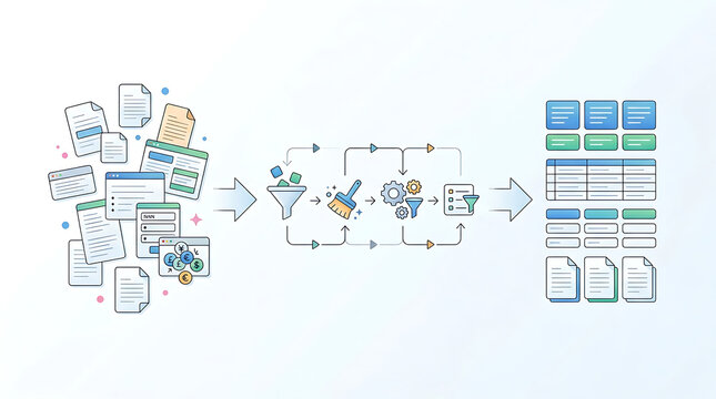Data normalization workflow standardizing inconsistent input formats in clean minimal business technology illustration representing structured data processing and integration systems