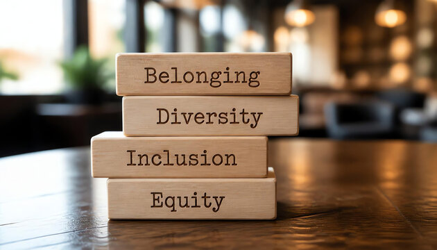 Equity, diversity, inclusion and belonging symbol. Wooden blocks with words 'equity, diversity, inclusion, belonging' on brown background. Diversity, equity, inclusion and belonging concept.
