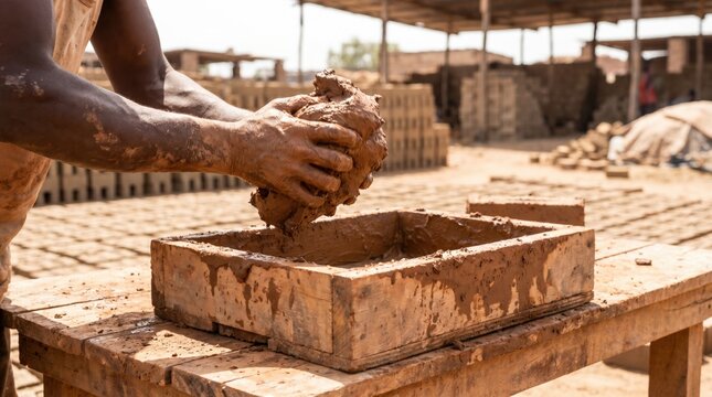 Close up of worker hands pressing wet mud into a wooden mold to create handmade building bricks