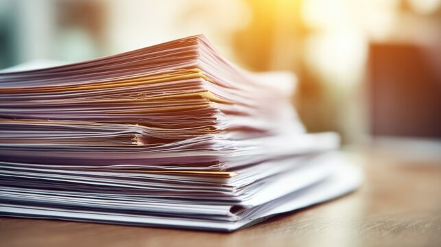 A Detailed Close-Up View of a Thick Stack of Health Policy Documents Illuminated by Warm Sunlight