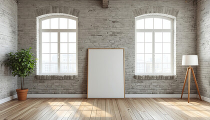 Fototapeta premium Empty room apartment interior background with brick wall, wooden floor, windows, city background. Abstract open space loft, minimalist living room. Modern 3D interior design renovation concept mockup