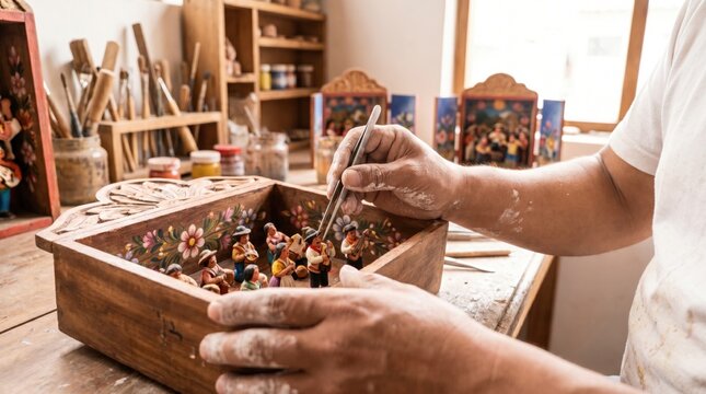 Artisan hands using tweezers to carefully place miniature painted figures inside a traditional wooden box