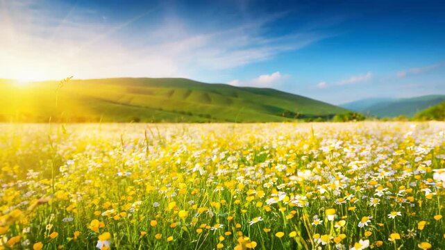 Field of wild daisies and yellow buttercups under a bright sunrise. Rolling green hills in the distance against a clear blue sky, spring meadow, natural landscape.