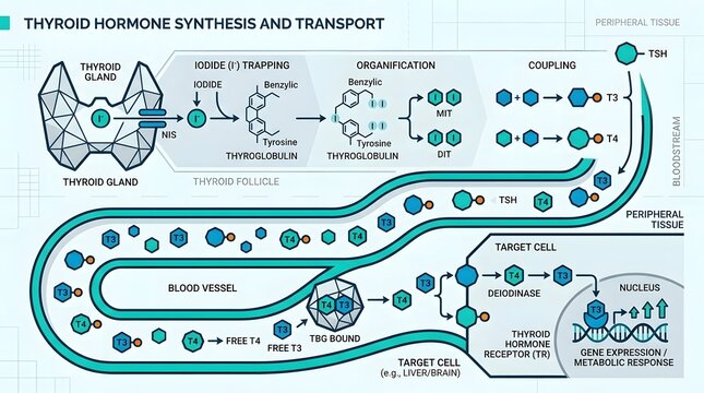 Detailed diagram illustrating the synthesis, transport, and cellular action of thyroid hormones, including T3 and T4, from the thyroid gland to target cells.