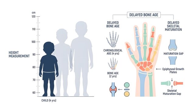 Illustration explaining delayed bone age and skeletal maturation in children, showing height comparison and hand bone development.