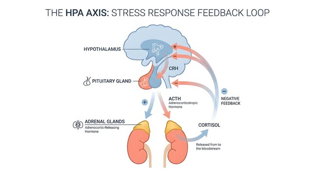 Detailed diagram illustrating the HPA axis, showing the stress response feedback loop involving the hypothalamus, pituitary gland, adrenal glands, and hormones like CRH, ACTH, and cortisol.