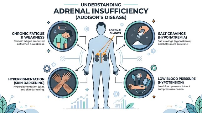 Infographic detailing Adrenal Insufficiency (Addison's Disease) symptoms: chronic fatigue, salt cravings, hyperpigmentation, and low blood pressure.