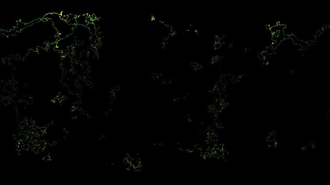 Abstract glowing yellow and green electrical lines flowing dynamically over a black background. Bright energy fractal noise.
