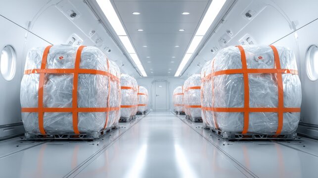 Cargo freight loaded in airplane hold secured with orange straps for air transport logistics
