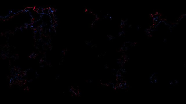 Abstract glowing red and blue electrical lines moving dynamically on a black background. Seamless energy fractal noise.