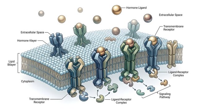 Illustration of cell membrane receptors and hormone ligand binding initiating signaling pathways.