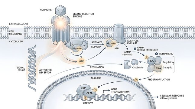 Detailed diagram illustrating the G-protein coupled receptor signaling pathway, showing hormone binding, cAMP production, PKA activation, and gene transcription in a cell.