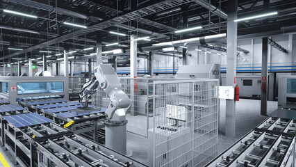 Fototapeta premium Solar panel logistics factory with robotic arms placing photovoltaic modules on conveyor belts, 3D render, high-tech modern manufacturing warehouse producing solar cells for energy industry.