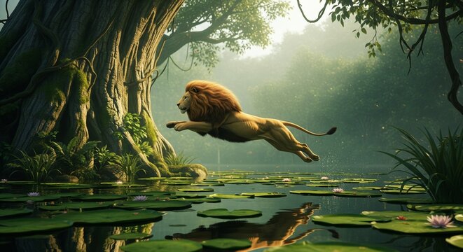 Powerful lion leaping over water with lily pads in a lush jungle, dynamic digital artwork for marketing.