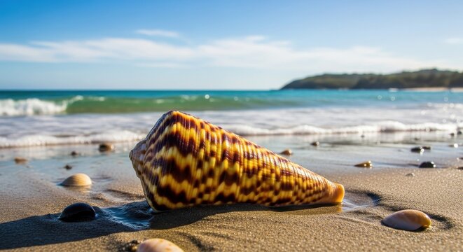 Cone Shell on Sandy Beach with Ocean Waves and Blue Sky.
