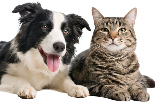 Dog and cat lying together on white background (PNG, no people)