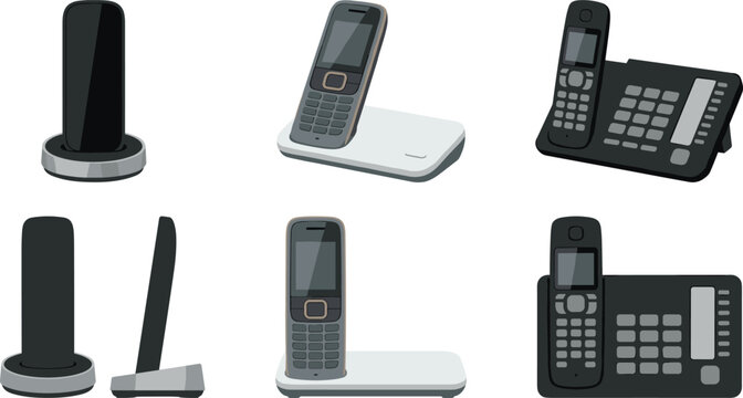 Wireless Landline Cordless Phone Vector Icon Set with Charging Docks and Office Desktop Bases for Home and Business Communication Systems